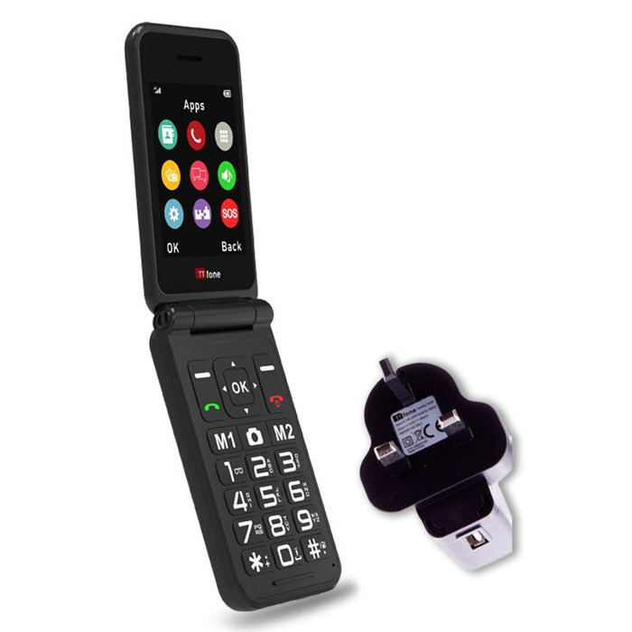 TTfone Black Flip 4G Mobile - Big Button & Emergency Button. Mains Charger & Vodafone Pay As You Go