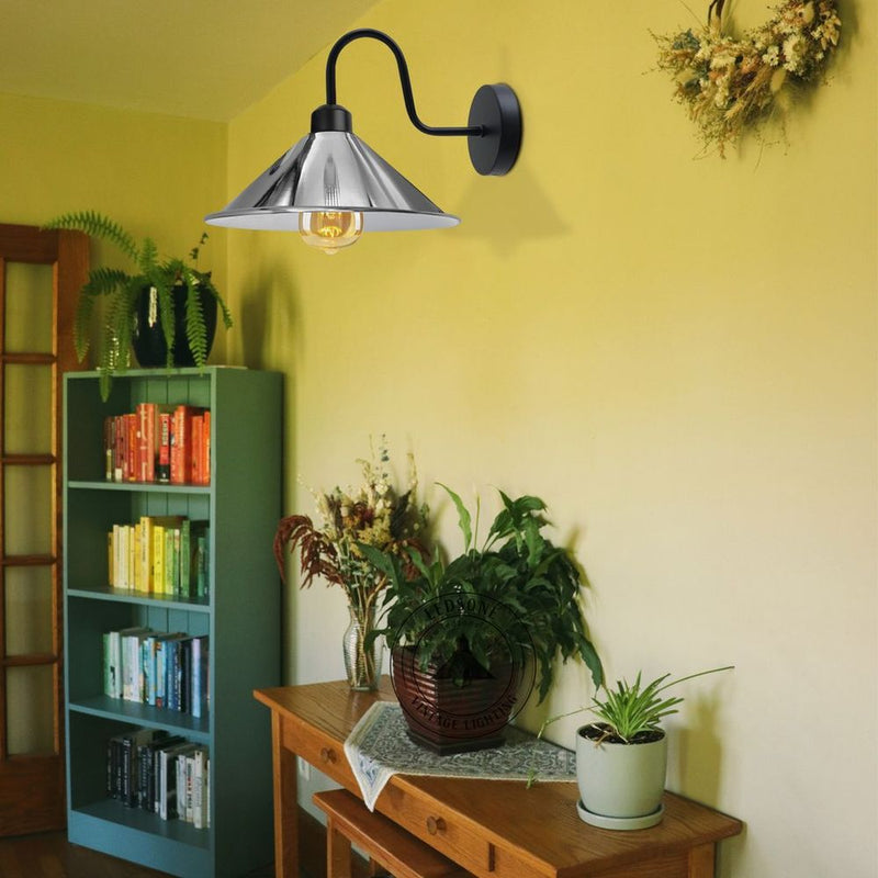 Chrome Wall Light Fixture,Black Wall Sconce E27 Base Socket Screw Type Wall Mounted Swan Neck Cone Shape Shade