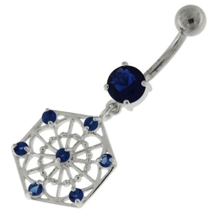 Sterling Silver Jeweled Hexagon Cut out Navel Bar