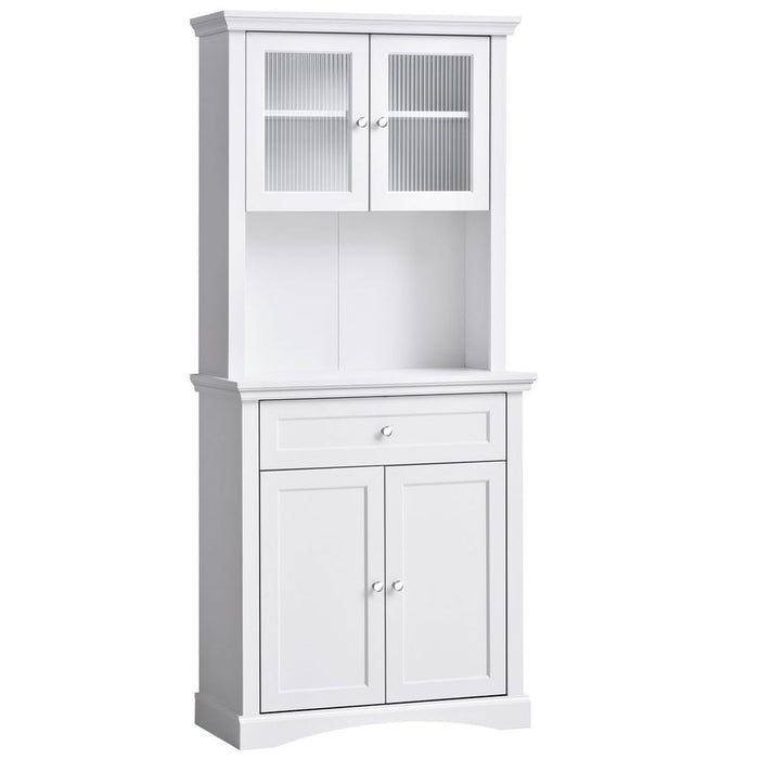 Tall Kitchen Cupboard with Glass Doors, Adjustable Shelves, Open Counter, White