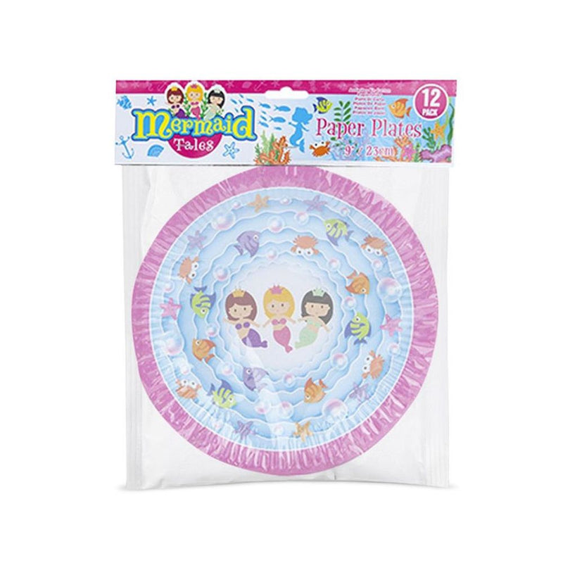 Premium Mermaid Design 9" 12 Disposable Paper Plates for Parties, Picnics & BBQs
