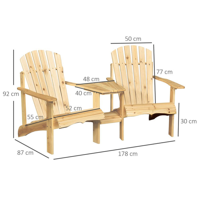 Wooden Double Adirondack Chairs Loveseat & Center Table & Umbrella Hole, Natural