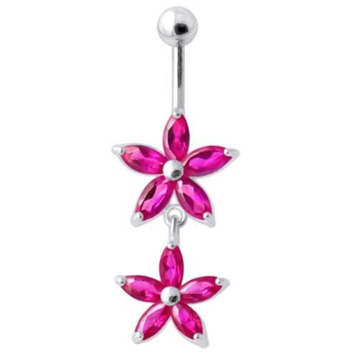 Jeweled Multi Flower Silver Dangling Belly Button Ring