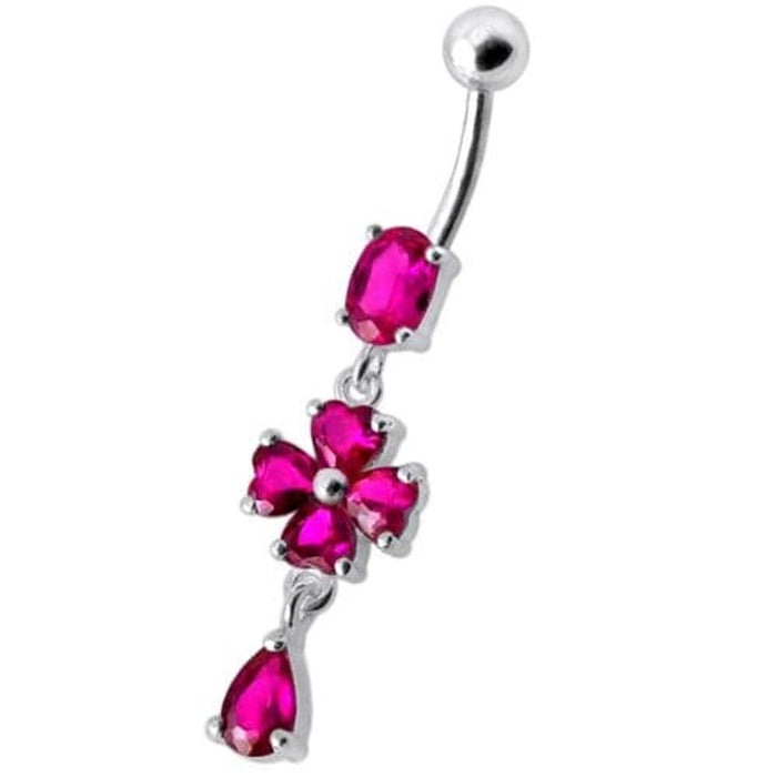 Silver Fancy  Flower Dangling Bdy Jewelry SS Bar Belly Ring