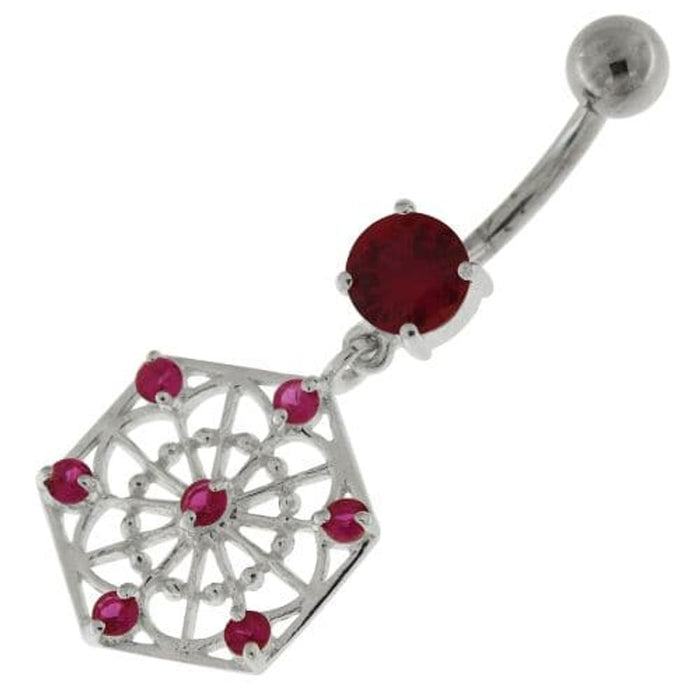 Sterling Silver Jeweled Hexagon Cut out Navel Bar