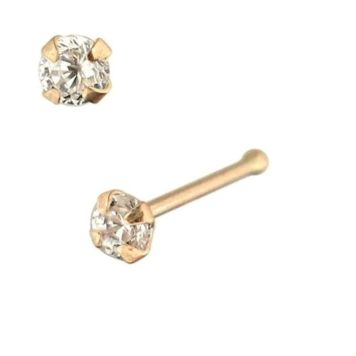 14ct Solid Gold CZ Jeweled Nose Stud - High Quality - 22G Thickness - 1.5mm, 2mm, 2.5mm Sizes