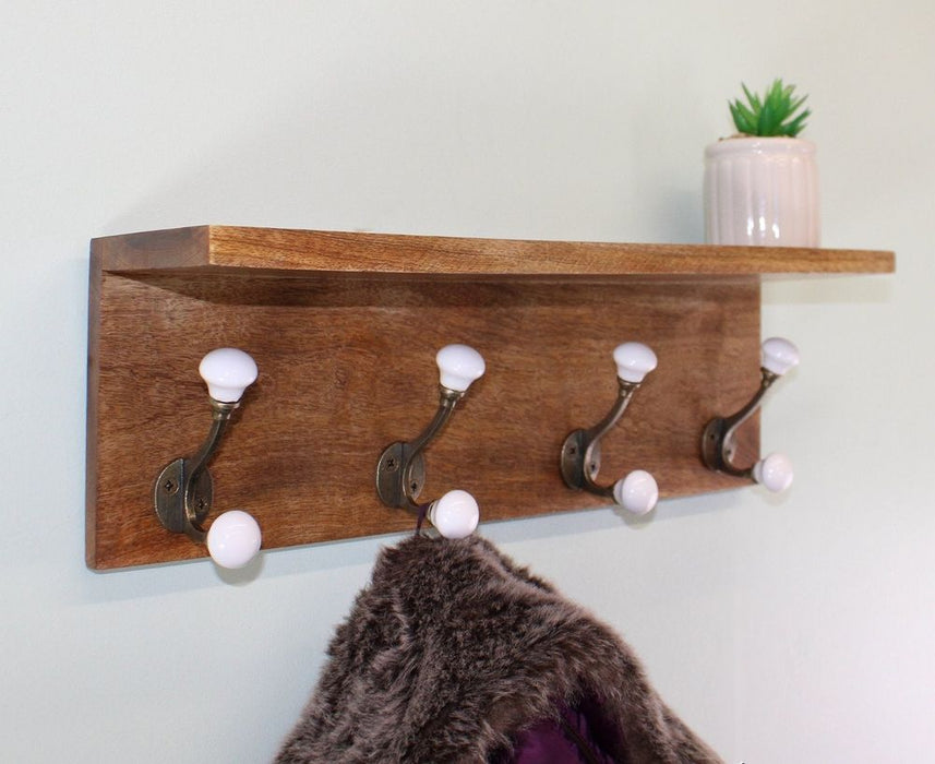 Stylish Set of 4 White Ceramic Double Coat Hooks on Wooden Base with Shelf