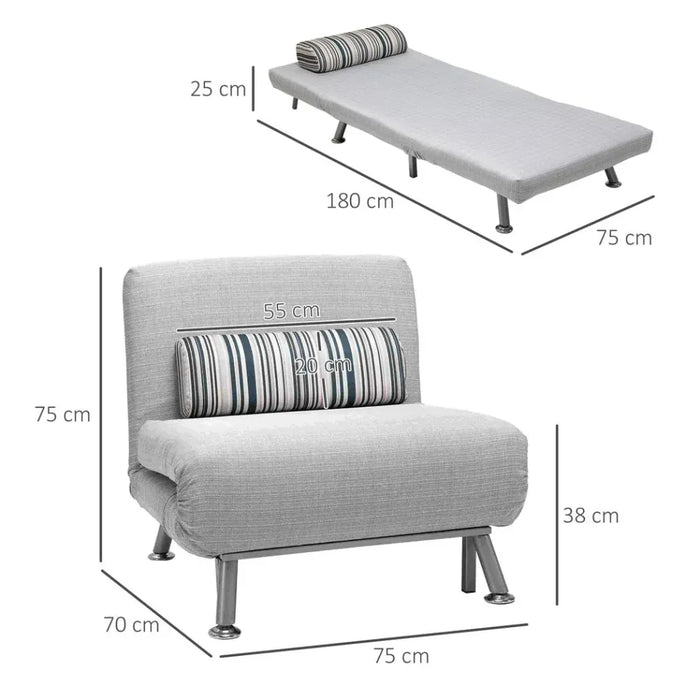 Single Sofa Bed Folding Chair Bed w/ Steel Frame Padding Pillow Grey, Silver