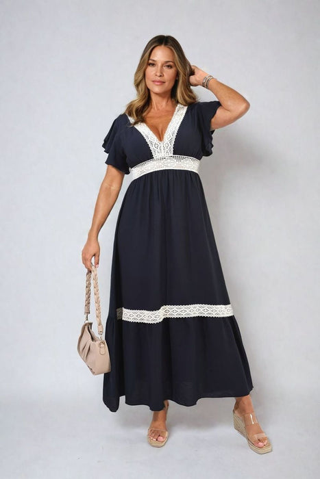 Timeless Elegance: V-neck Lace Trim Maxi Dress