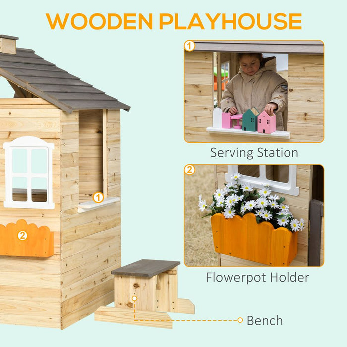 Spacious Wooden Kids Playhouse w/ Door, Windows, Bench - Ages 3-7