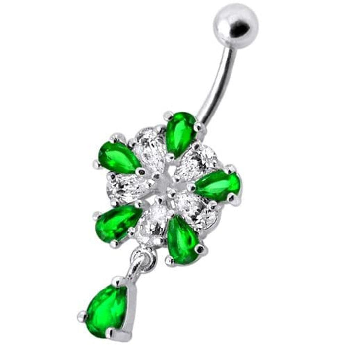 Jeweled Fancy Silver Flower Dangling Banana Bar Navel Belly Ring