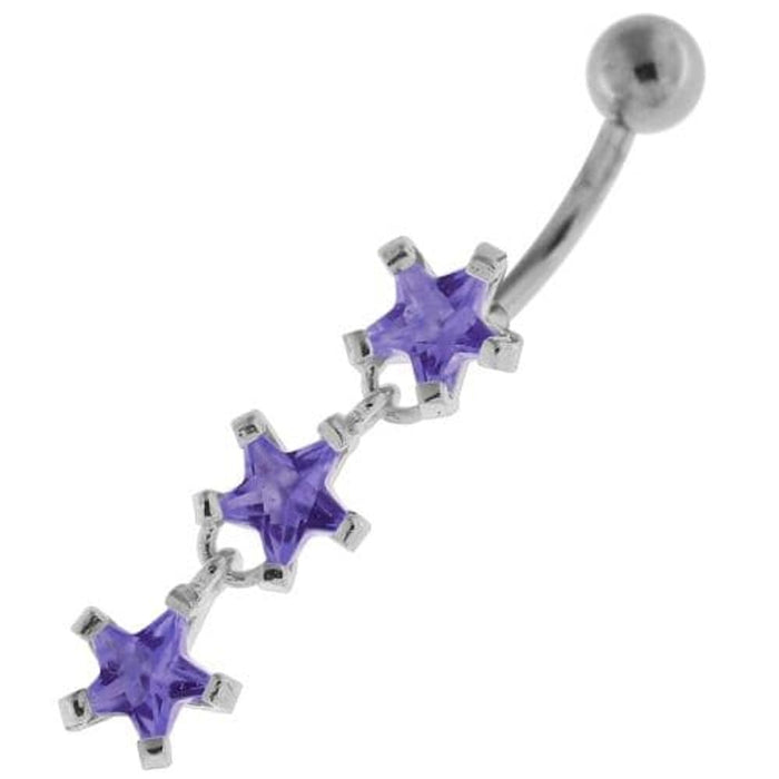 Dangling Tri Stars Sterling Silver Navel Belly Button Bar