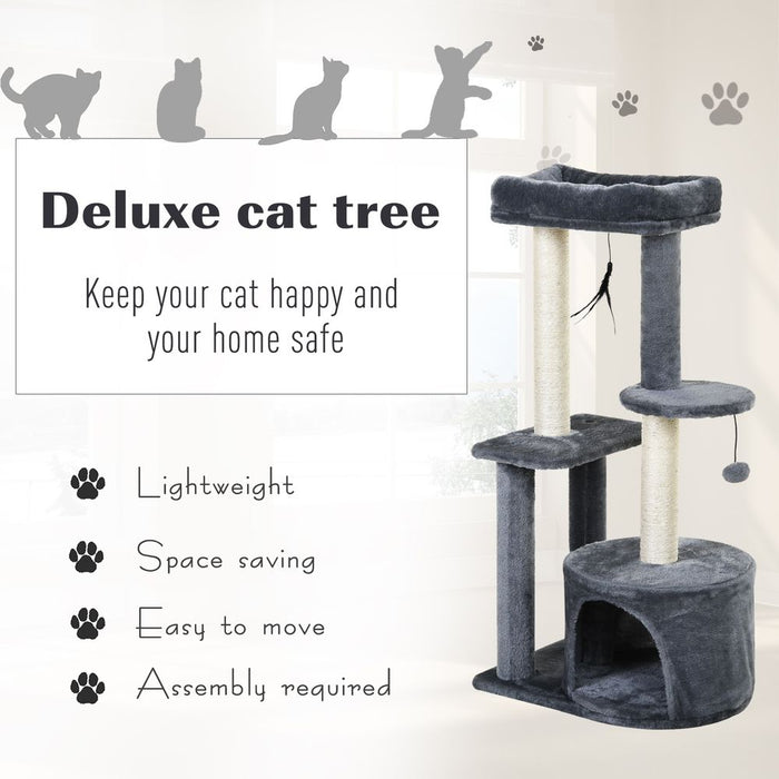 PawHut 100cm Cat Tree for Indoor Cats, Cat Tower Condo for Kittens with Cat House Sisal Scratching Posts, Hanging Ball Toys, Perches - Grey