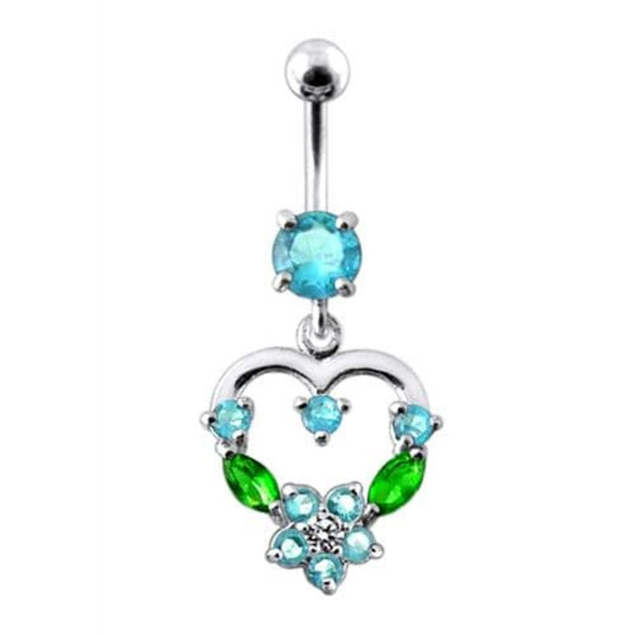 Silver Fancy Mix Color Jeweled Heart Dangling SS Bar Belly Ring