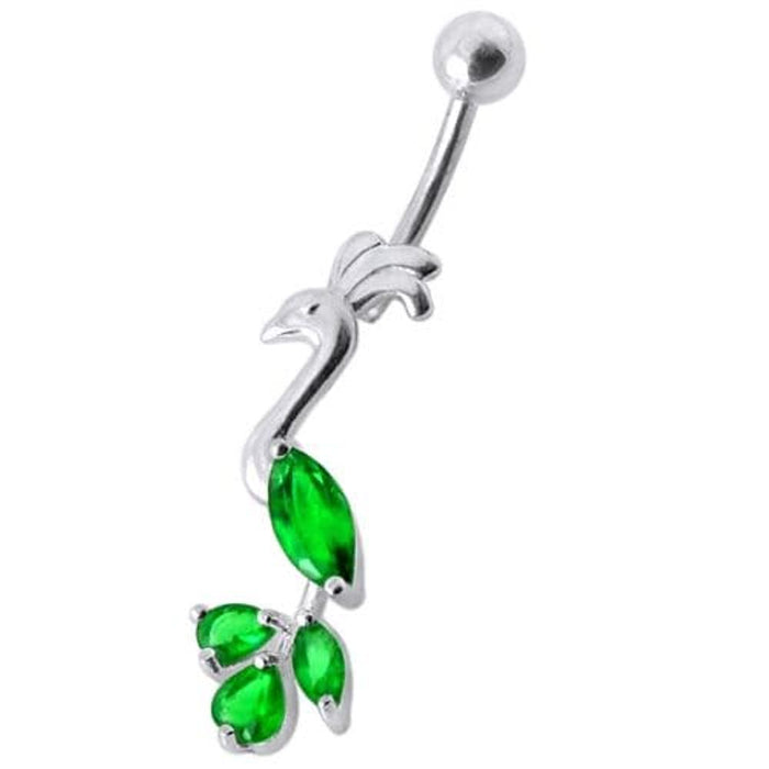 Fancy Jeweled Peafowl Dangling SS Bar Navel Ring Body Jewelry