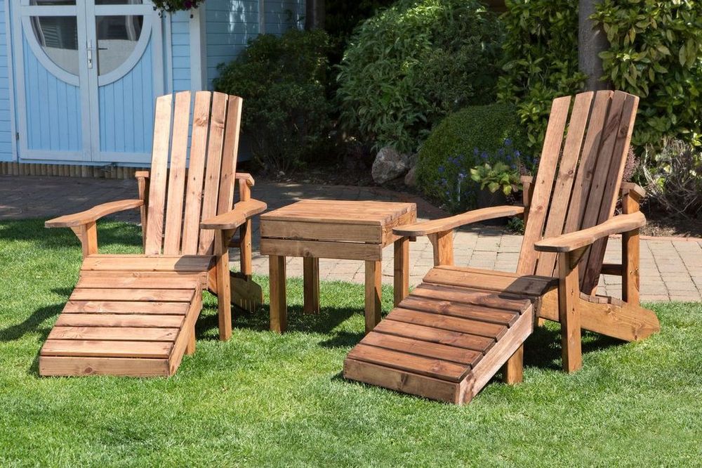 Aidandack Style Set - High Quality, Hand Finished Patio Furniture Made in Britain! Includes 2 Chairs, Footstalls, and a Drinks Table. Rustproof and Rot Free. White Glove Delivery. 10 Year Guarantee.