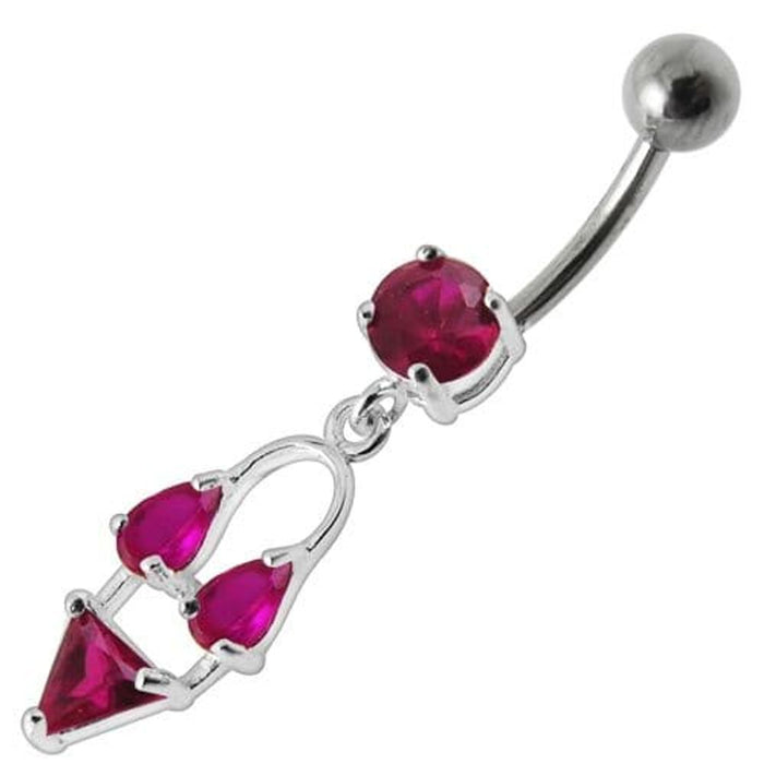 Silver Fancy Double Stone Jeweled Dangling Navel Ring