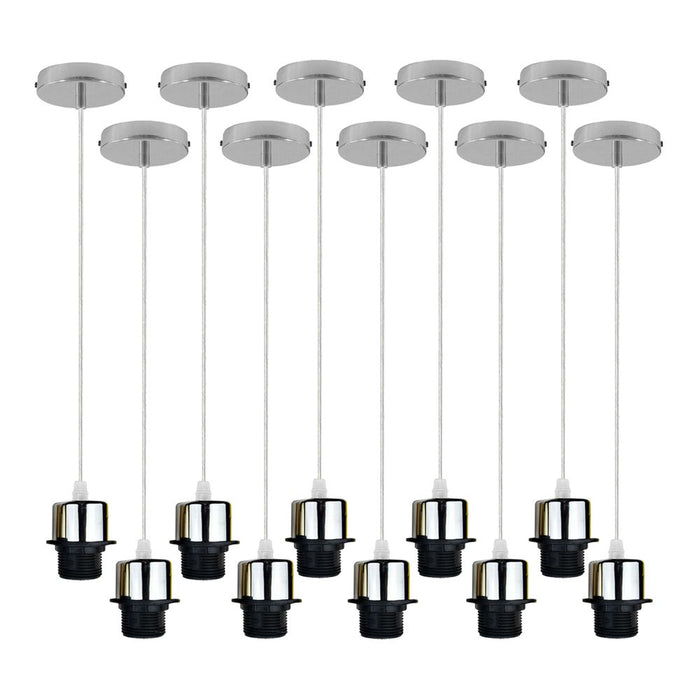 Industrial Chrome Pendant Light 10-Pack - Addable Lampshade - E27 UK Holder Set - PVC Cable - High Quality - Dimmable