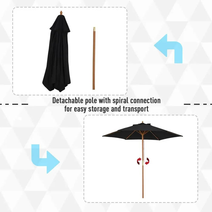 High-Quality 2.5m Wood Garden Parasol Sun Shade Patio Umbrella - Black