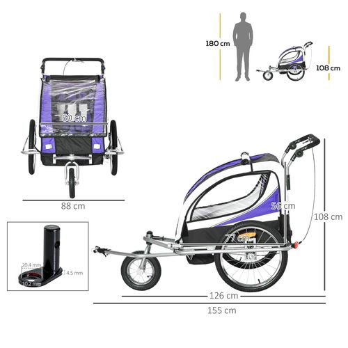 HOMCOM Child Bike Trailer, Baby Bicycle Trailer for 2 Kids with 5 Point Harness, Steel Frame, Reflectors, Safety Flag, Hitch Coupler, Purple