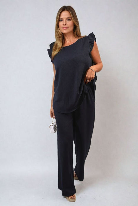 Effortlessly Elegant Ruffle Trim Top and Wide Leg Trouser Co-ord Set