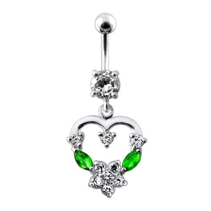 Silver Fancy Mix Color Jeweled Heart Dangling SS Bar Belly Ring