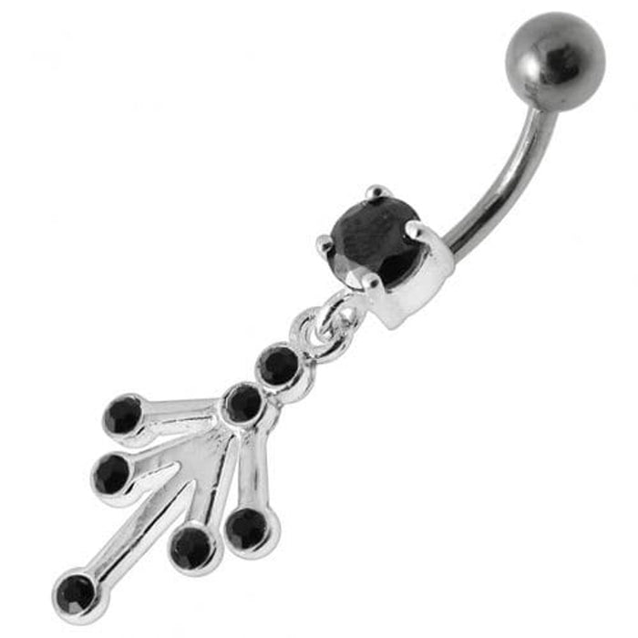 Fancy Jeweled Silver Dangling With Curved Bar Belly Ring Body Jewelry