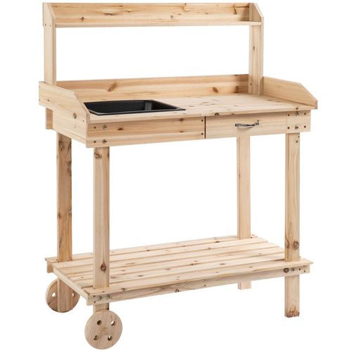 Wooden Bench Work Table & 2 Wheels, Sink, Drawer & Storage Spaces, 92x45x119cm