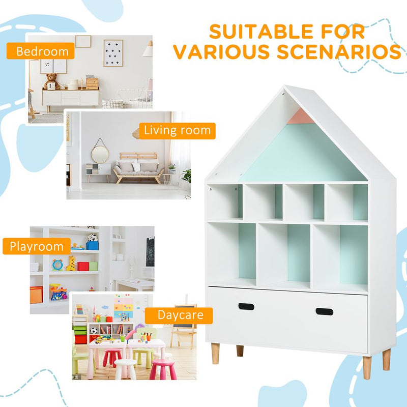 HOMCOM Kids Wooden Bookshelf Chest and Toy Storage Unit w/Drawer, Children's Bookcase Organizer Cabinet Blue/Pink