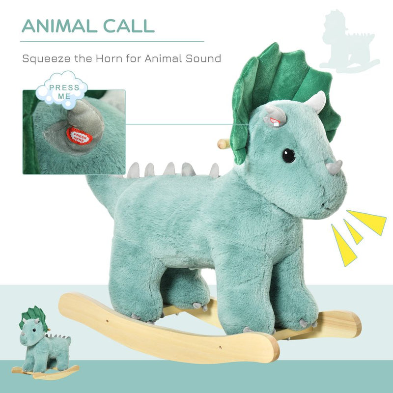 HOMCOM Kids Toddler Rocking Horse Plush Ride On Triceratops Rocker Wooden Base W/Sound for 3-6 Years Green