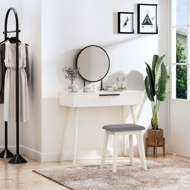 Deluxe Vanity Set - Elegant Dressing Table with Cushioned Stool, Round Mirror - White