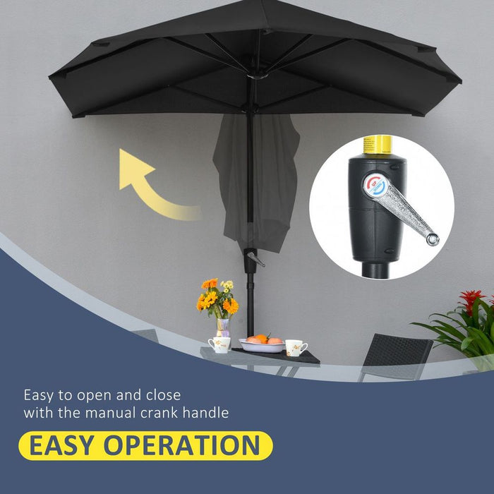 Premium Outsunny 2m Half Garden Parasol  - Crank Handle, Black