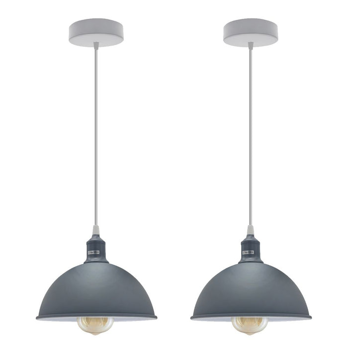 Grey Loft Style Metal Pendant Lights - 2 Pack, 21cm Dome Shaped Spray Finish, Inner White, Sturdy, E27 Bulb Socket