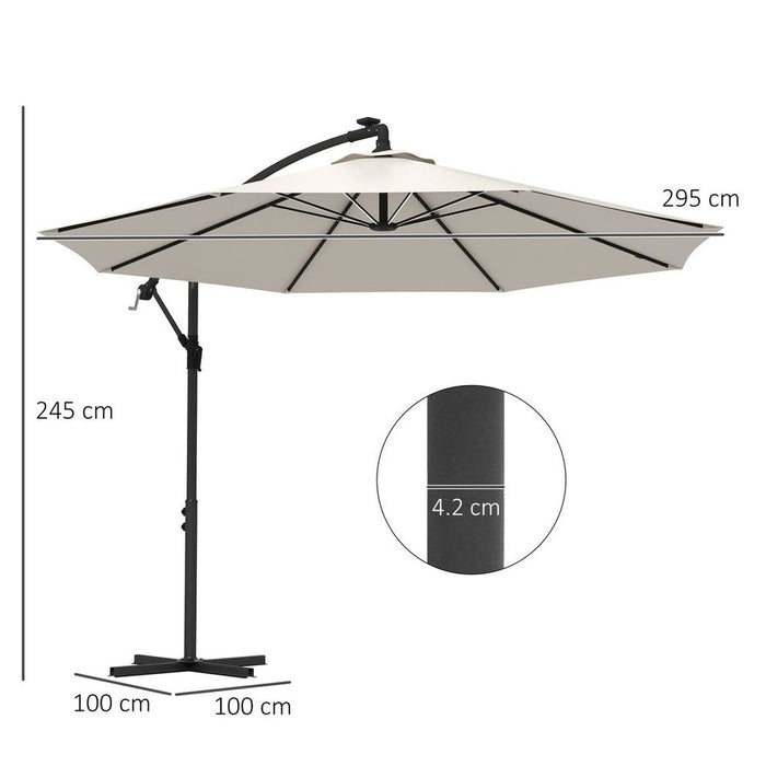 Outsunny 3(m) LED Patio Banana Umbrella Cantilever Parasol w/ Crank, Beige