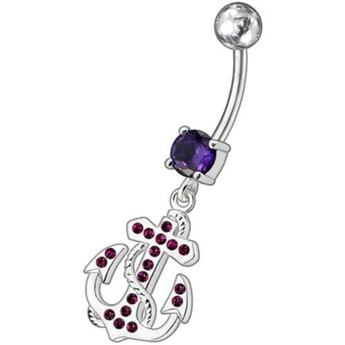 Fancy Jeweled Anchor And Cross Dangling Curved Belly Ring