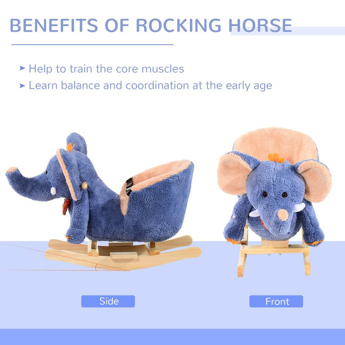 HOMCOM Children Kids Rocking Horse Toys Plush Elephant Rocker Seat with Sound Toddler Baby Gift for 1.5 Years+ Blue