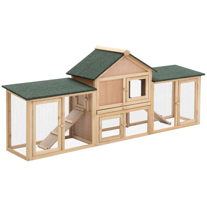 PawHut Deluxe Rabbit Hutch Outdoor, Wooden Guinea Pig Hutch, Two-Storey Bunny House with Ladder Rabbit Run Box Slide-out Tray 210 x 45.5 x 84.5 cm