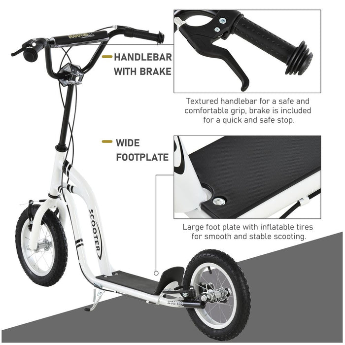 HOMCOM Teen Kids Stunt Scooter Children Kick Scooter Adjustable Handlebar 2 Brakes Ride On 12 Inch Rubber Tyres White For Age 5+