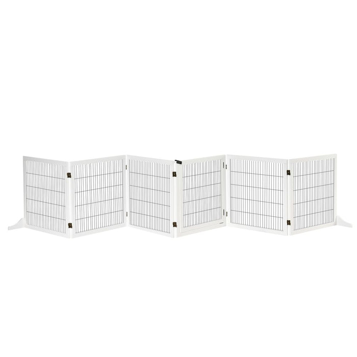 PawHut Freestanding Pet Gate, 6 Panel Foldable Playpen, Wooden Dog Gate with 2 Support Feet, for Stairs, Doorway - White