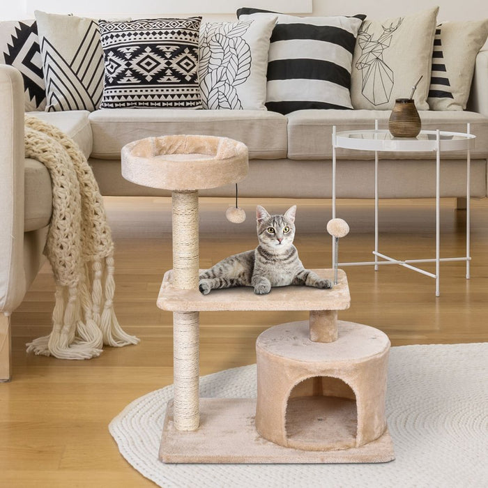 PawHut Mult-level Cat Tree Scratch Post Scratcher Climbing Tower Kitty Activity Center Condo Perch Jumping Platforms Beige 61L x 41W x 81H cm