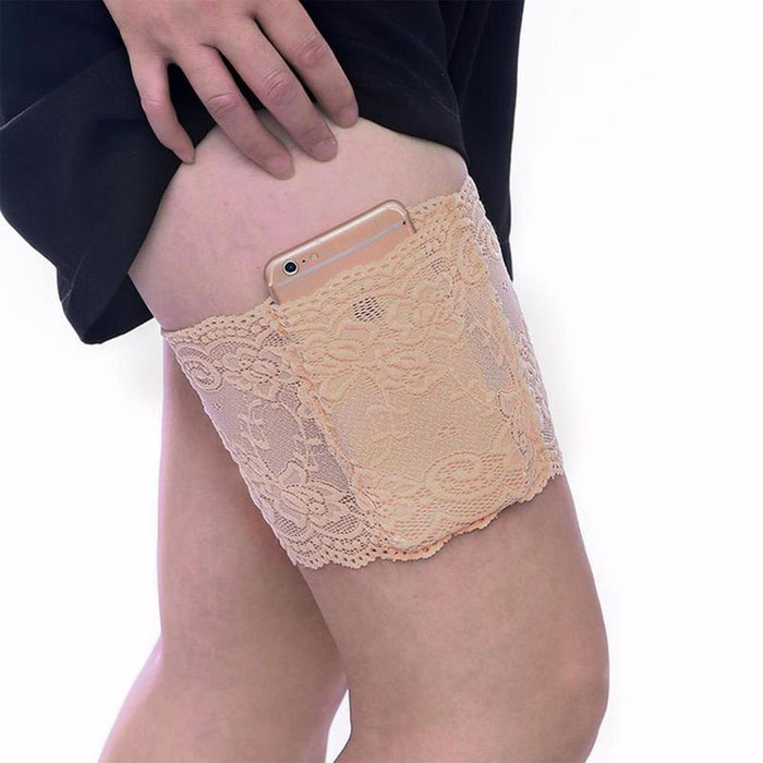 Premium Lace Thigh Band w/ Anti-Slip Cellphone Pocket - XL Nude. Anti-Chafing, Fashion Accessory, Protects Thighs. 90% Nylon, 10% Elastane