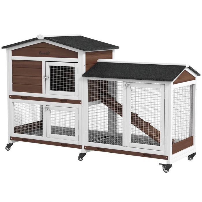 Premium PawHut Wooden Rabbit Hutch w/ Wheels, Run, Ramp - High-Quality, Spacious Brown Cage for Rabbits & Guinea Pigs