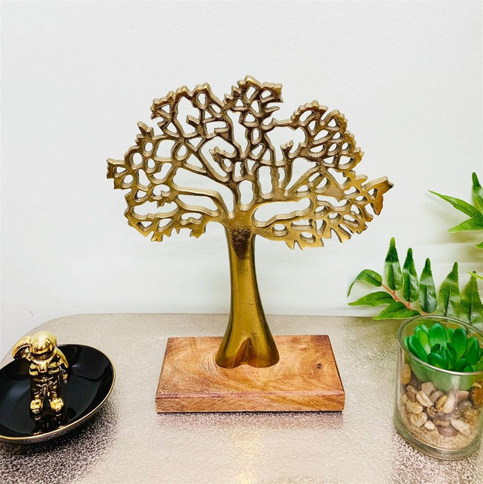 Stunning Antique Gold Tree On Wooden Base - Must-Have Home Decor