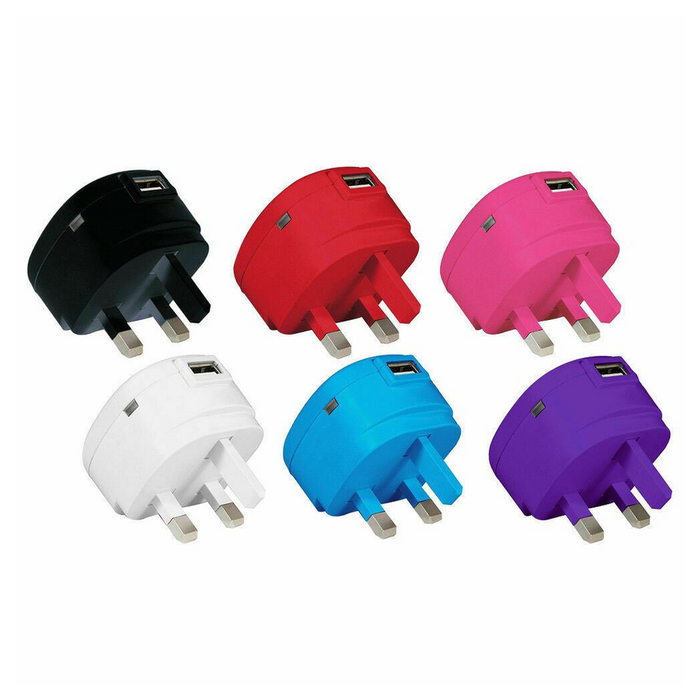 GVC 1A USB 3Pin Mains Charger, Colours Available