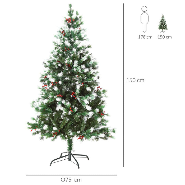 5ft Snow-Dipped Artificial Christmas Tree Red Berries Metal Base Traditional