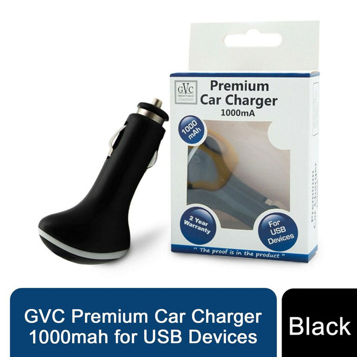 GVC Premium Car Charger 1000mAh for USB Devices - Black