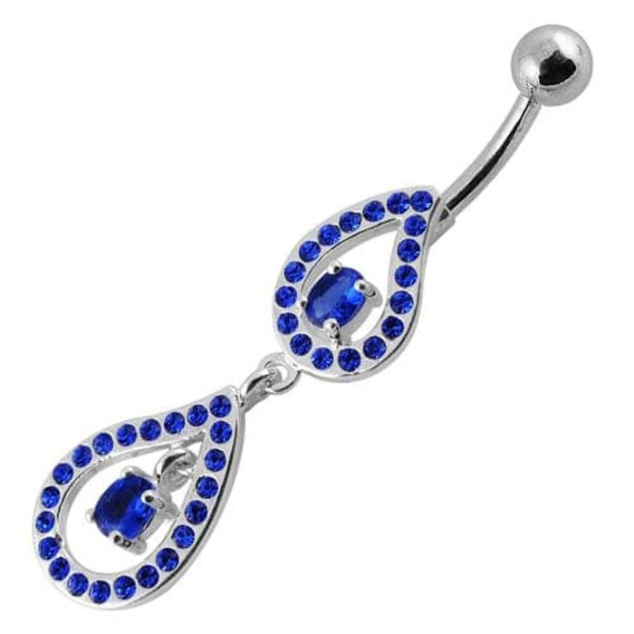 Fancy Pear Shape Jeweled Dangling SS Bar Navel Ring