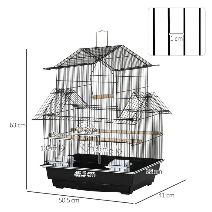 High-Quality Metal Bird Cage w/ Plastic Perch & Food Container - 50.5x40x63cm - Black