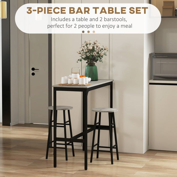 HOMCOM 3 Piece Bar Set, Industrial Kitchen and Chair Set for Small Space, Grey