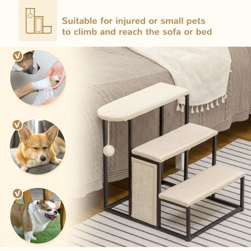 PawHut 3 Steps Dog Stairs, Pet Steps for Cat for Sofa and Bed with Sisal Scratching Board, Hanging Toy Ball, 47 x 45 x 47cm - Cream White